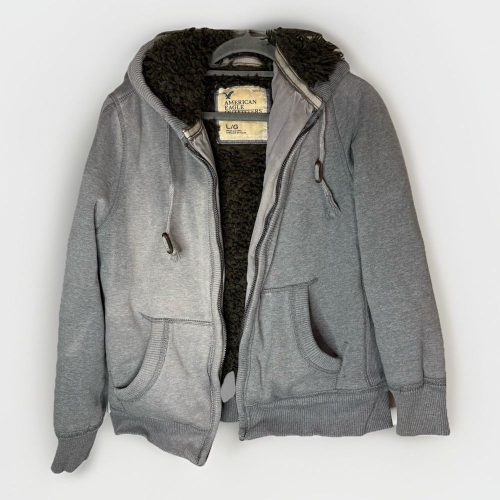 American Eagle Sherpa Fur Lined Hoodie Gray Mens Large Y2K Vtg DOES NOT ZIP